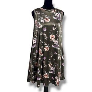 Eesome Dark Olive Green With Pink/White Floral High Neck  Sleeveless Mini Dress